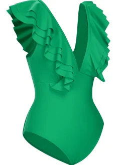 Discount Retro Stage 1950s Solid Ruffle V-Neck One-Piece Swimsuit