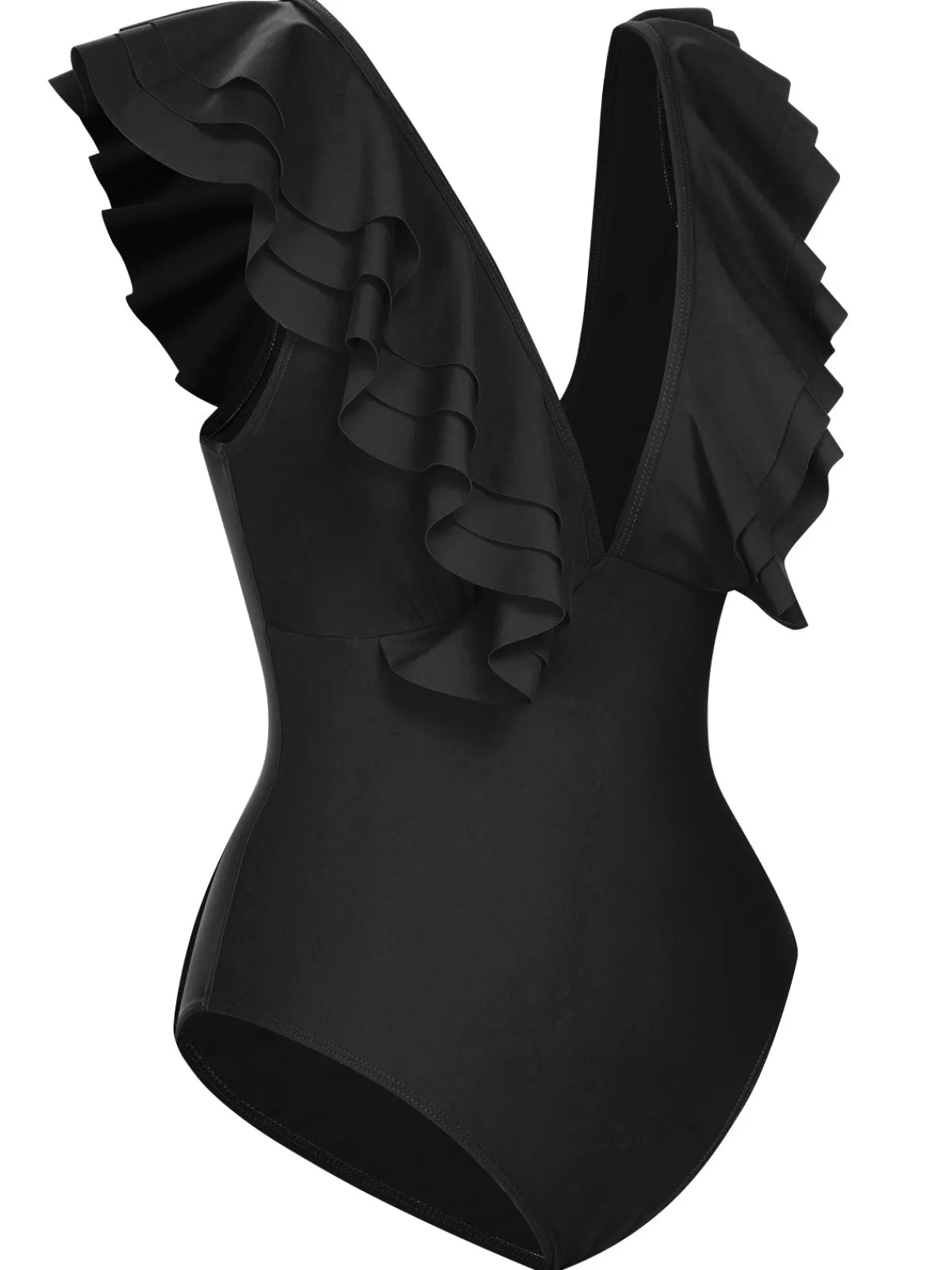 Discount Retro Stage 1950s Solid Ruffle V-Neck One-Piece Swimsuit