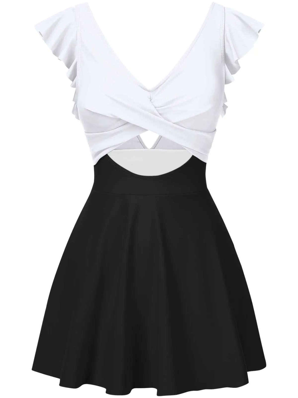 Discount Retro Stage 1930s Solid Ruffles Cut-Out Patchwork Swimdress