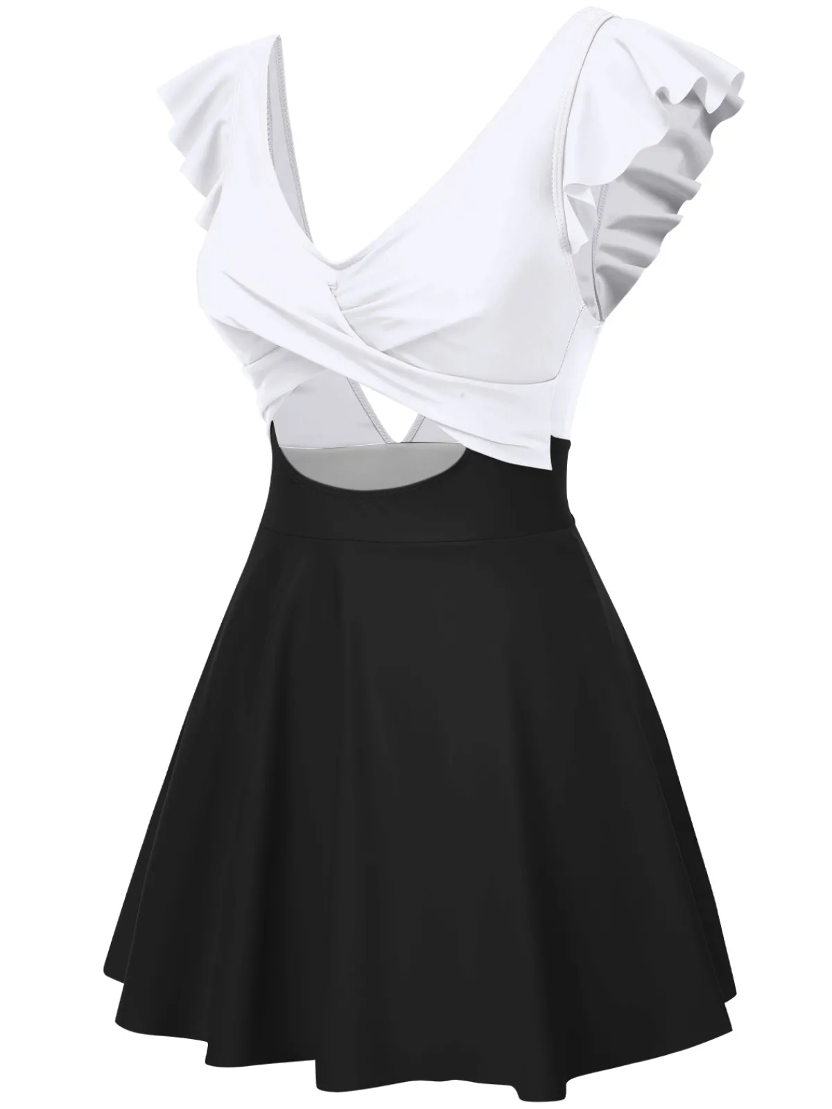 Discount Retro Stage 1930s Solid Ruffles Cut-Out Patchwork Swimdress