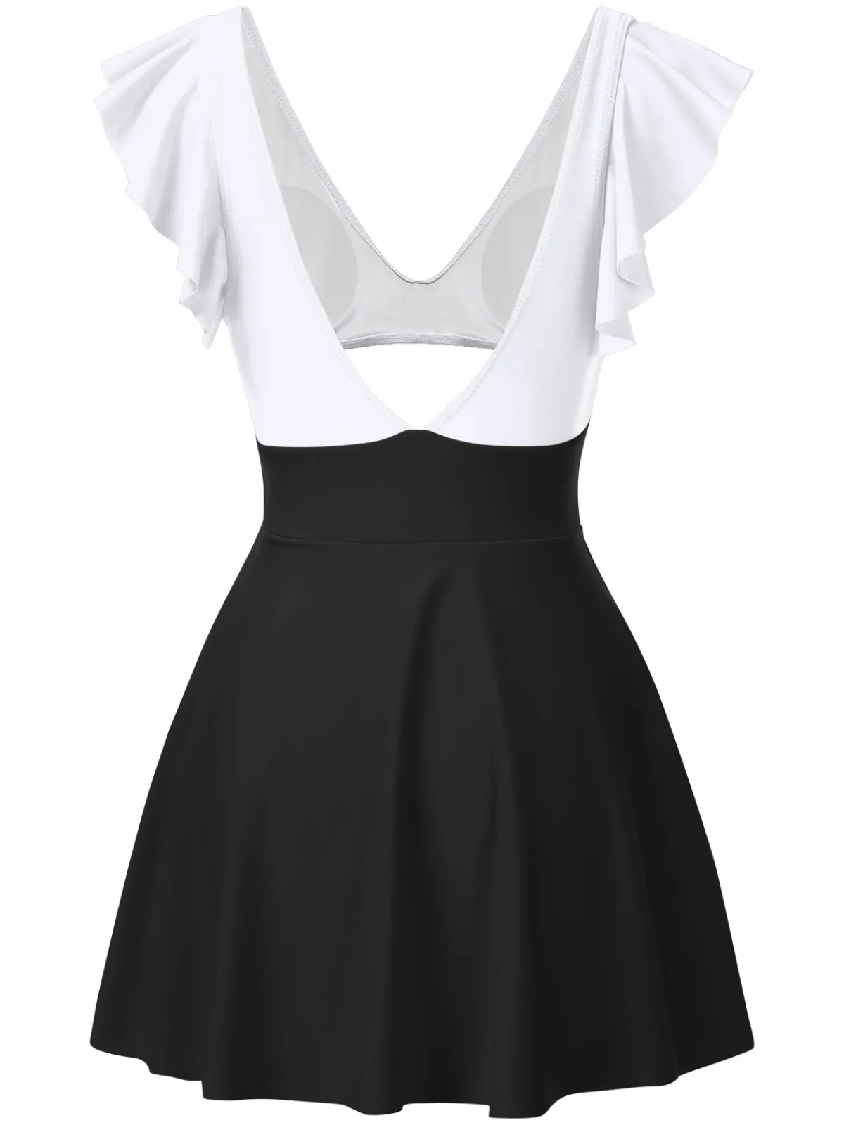 Discount Retro Stage 1930s Solid Ruffles Cut-Out Patchwork Swimdress