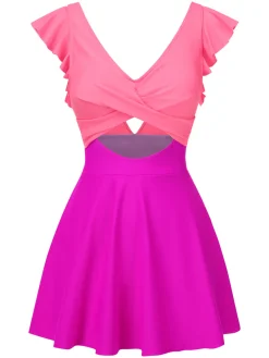 Discount Retro Stage 1930s Solid Ruffles Cut-Out Patchwork Swimdress