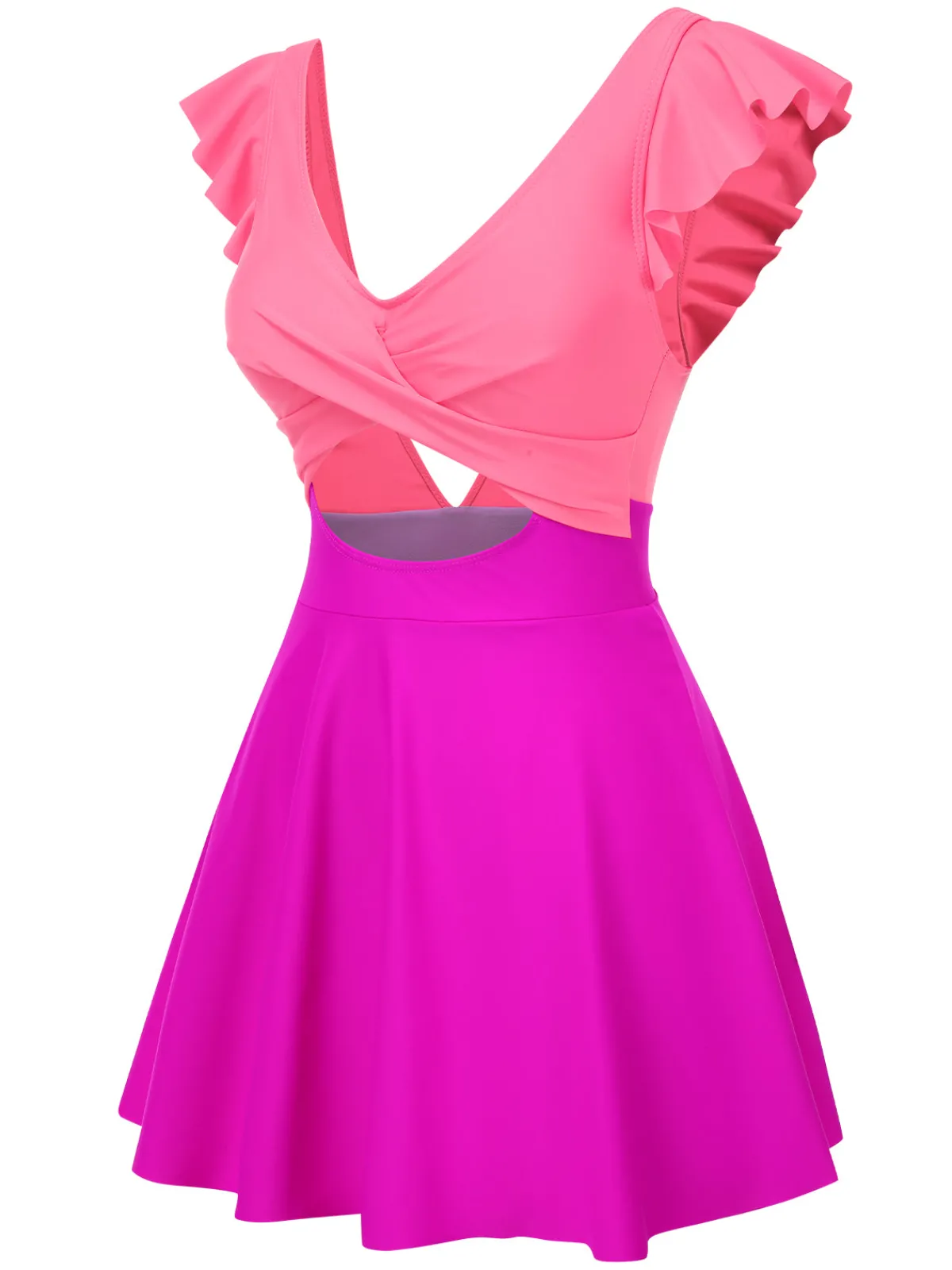 Discount Retro Stage 1930s Solid Ruffles Cut-Out Patchwork Swimdress