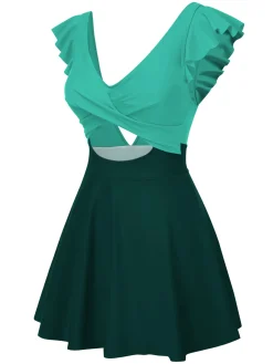 Discount Retro Stage 1930s Solid Ruffles Cut-Out Patchwork Swimdress