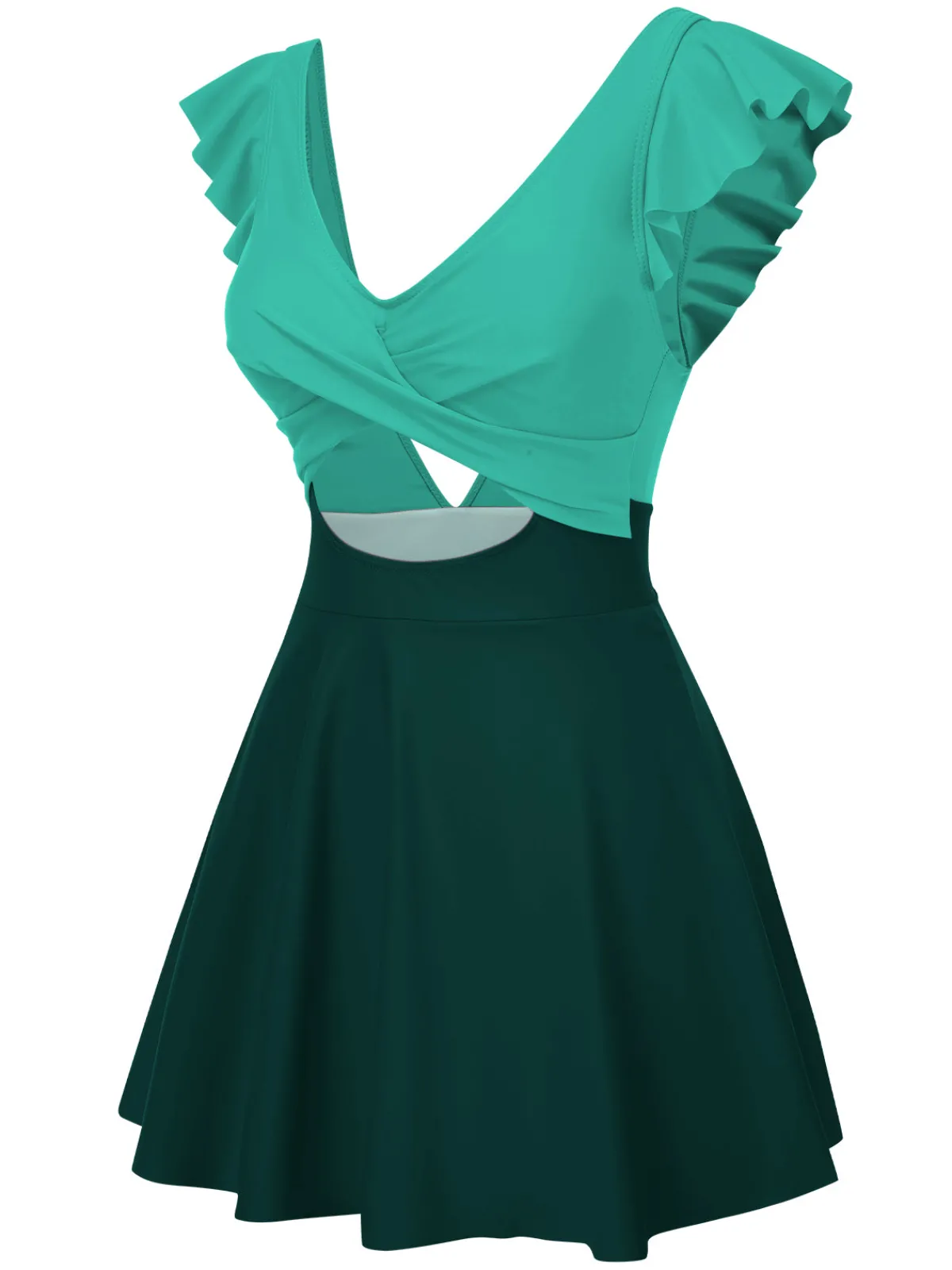 Discount Retro Stage 1930s Solid Ruffles Cut-Out Patchwork Swimdress