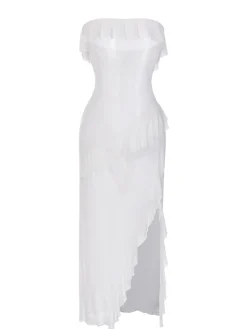 Online Retro Stage 1930s Solid Ruffles Oblique Hem Bandeau Nightgown