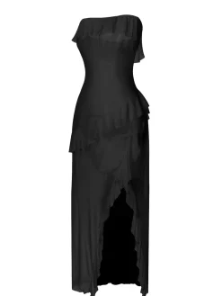 Online Retro Stage 1930s Solid Ruffles Oblique Hem Bandeau Nightgown