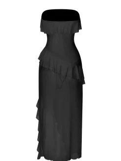 Online Retro Stage 1930s Solid Ruffles Oblique Hem Bandeau Nightgown