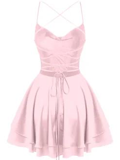 Clearance Retro Stage 1960s Solid Satin Back Lace-Up Mini Dress