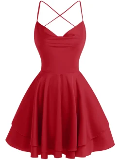 Clearance Retro Stage 1960s Solid Satin Back Lace-Up Mini Dress