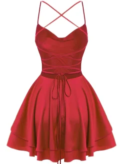 Clearance Retro Stage 1960s Solid Satin Back Lace-Up Mini Dress