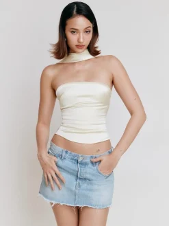 Fashion Retro Stage 1960s Solid Satin Halter Neck Tube Top