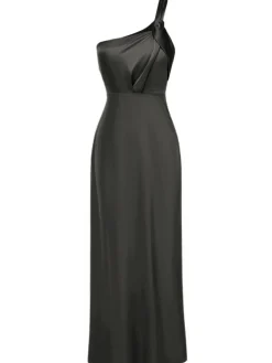 Outlet Retro Stage 1940s Solid Satin One-Shoulder Dress