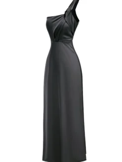 Outlet Retro Stage 1940s Solid Satin One-Shoulder Dress