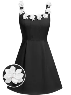 Sale Retro Stage 1950s Solid Scoop Neck 3D Floral Dress