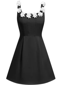 Sale Retro Stage 1950s Solid Scoop Neck 3D Floral Dress