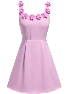 Sale Retro Stage 1950s Solid Scoop Neck 3D Floral Dress