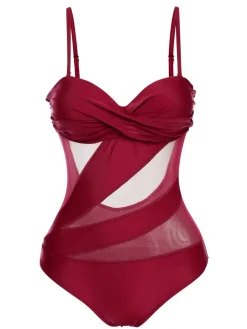 Fashion Retro Stage 1950s Solid Semi-Sheer Back Tie Swimsuit