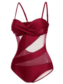 Fashion Retro Stage 1950s Solid Semi-Sheer Back Tie Swimsuit