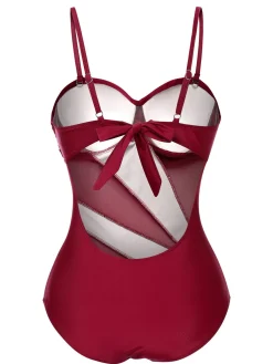 Fashion Retro Stage 1950s Solid Semi-Sheer Back Tie Swimsuit