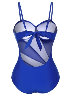 Fashion Retro Stage 1950s Solid Semi-Sheer Back Tie Swimsuit