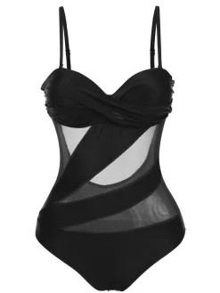 Fashion Retro Stage 1950s Solid Semi-Sheer Back Tie Swimsuit