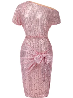 Online Retro Stage 1960s Solid Sequined One-Shoulder Wrap Dress
