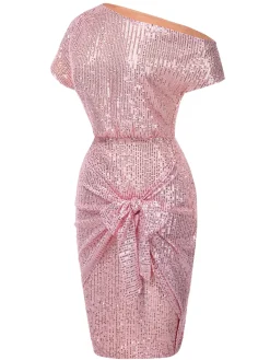 Online Retro Stage 1960s Solid Sequined One-Shoulder Wrap Dress