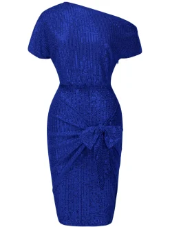 Online Retro Stage 1960s Solid Sequined One-Shoulder Wrap Dress