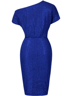 Online Retro Stage 1960s Solid Sequined One-Shoulder Wrap Dress