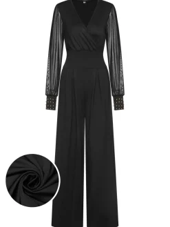 Discount Retro Stage 1950s Solid Sheer Sleeves V-Neck Jumpsuit Black