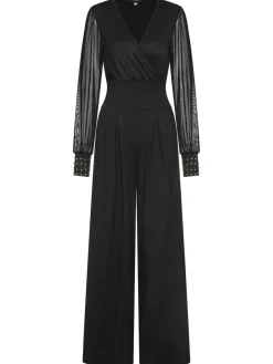 Discount Retro Stage 1950s Solid Sheer Sleeves V-Neck Jumpsuit Black