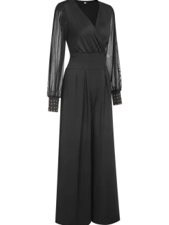 Discount Retro Stage 1950s Solid Sheer Sleeves V-Neck Jumpsuit Black