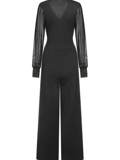 Discount Retro Stage 1950s Solid Sheer Sleeves V-Neck Jumpsuit Black