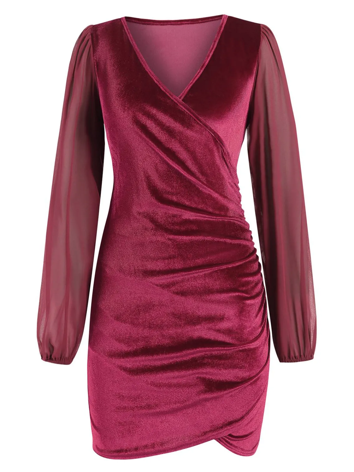 Hot Retro Stage 1960s Solid Sheer Sleeves V-Neck Velvet Dress