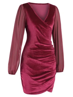 Hot Retro Stage 1960s Solid Sheer Sleeves V-Neck Velvet Dress