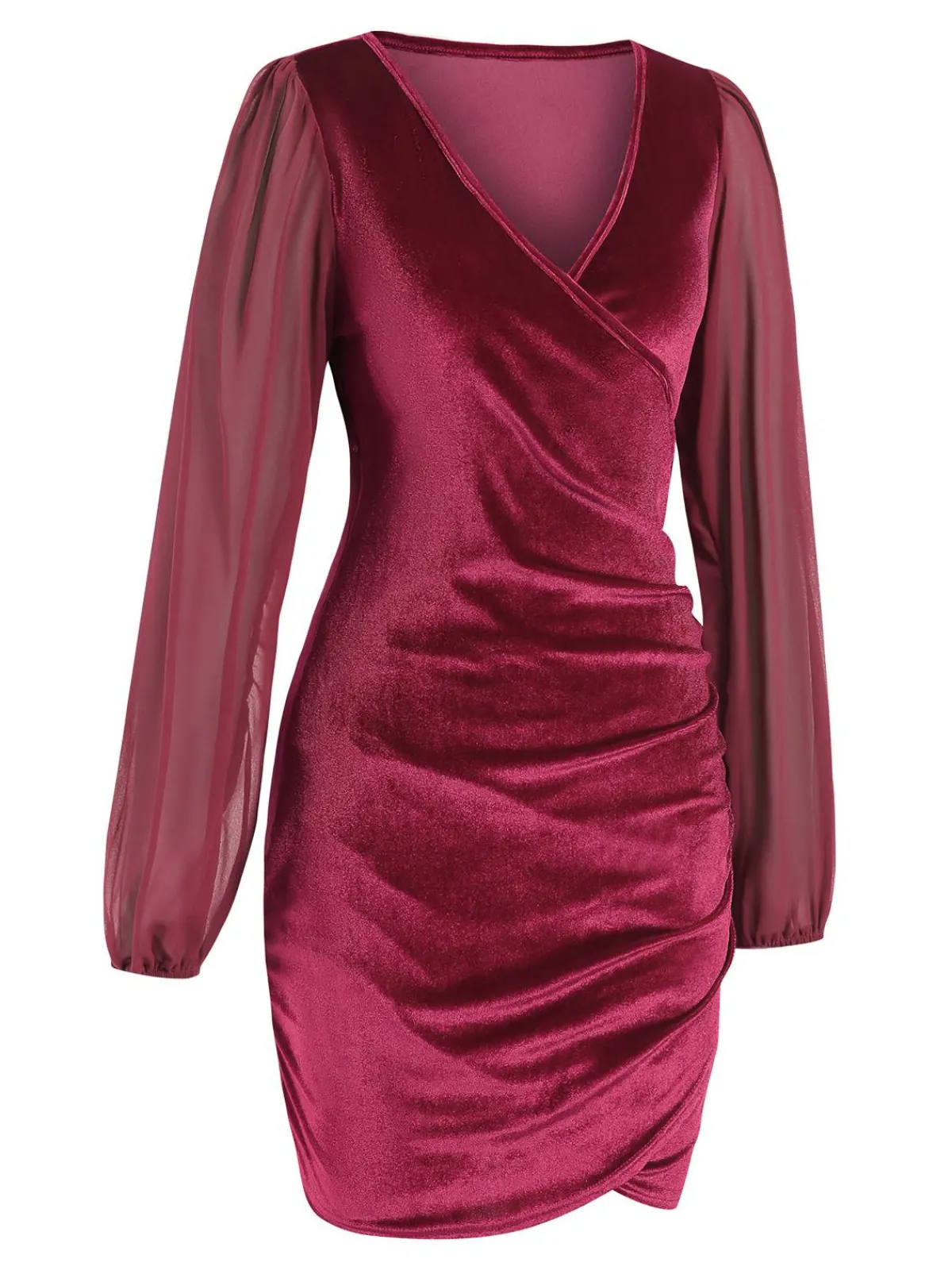 Hot Retro Stage 1960s Solid Sheer Sleeves V-Neck Velvet Dress