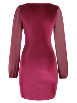 Hot Retro Stage 1960s Solid Sheer Sleeves V-Neck Velvet Dress