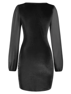 Hot Retro Stage 1960s Solid Sheer Sleeves V-Neck Velvet Dress