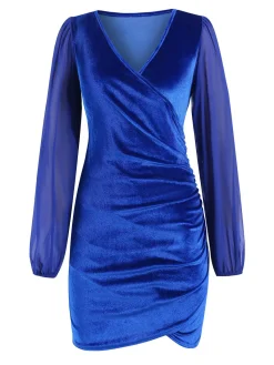 Hot Retro Stage 1960s Solid Sheer Sleeves V-Neck Velvet Dress