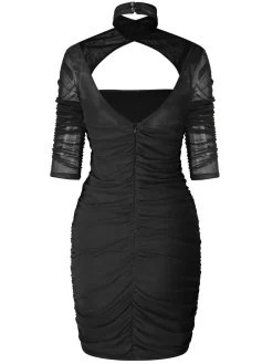 Online Retro Stage 1960s Solid Sheer Wrinkle Halter Bodycon Dress