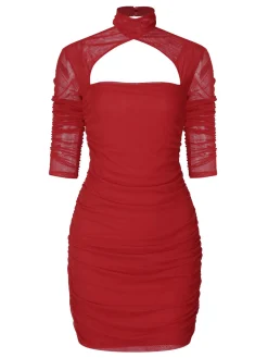 Online Retro Stage 1960s Solid Sheer Wrinkle Halter Bodycon Dress