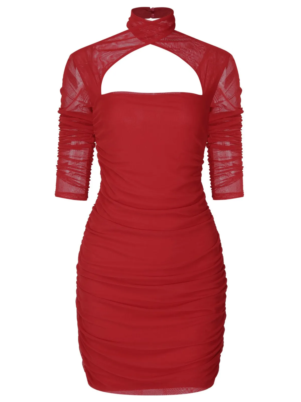Online Retro Stage 1960s Solid Sheer Wrinkle Halter Bodycon Dress