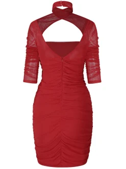 Online Retro Stage 1960s Solid Sheer Wrinkle Halter Bodycon Dress
