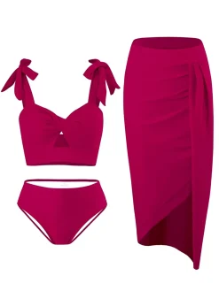 Best Retro Stage 1940s Solid Shoulder Tie Hollow Swimsuit & Cove-Up