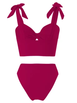 Best Retro Stage 1940s Solid Shoulder Tie Hollow Swimsuit & Cove-Up