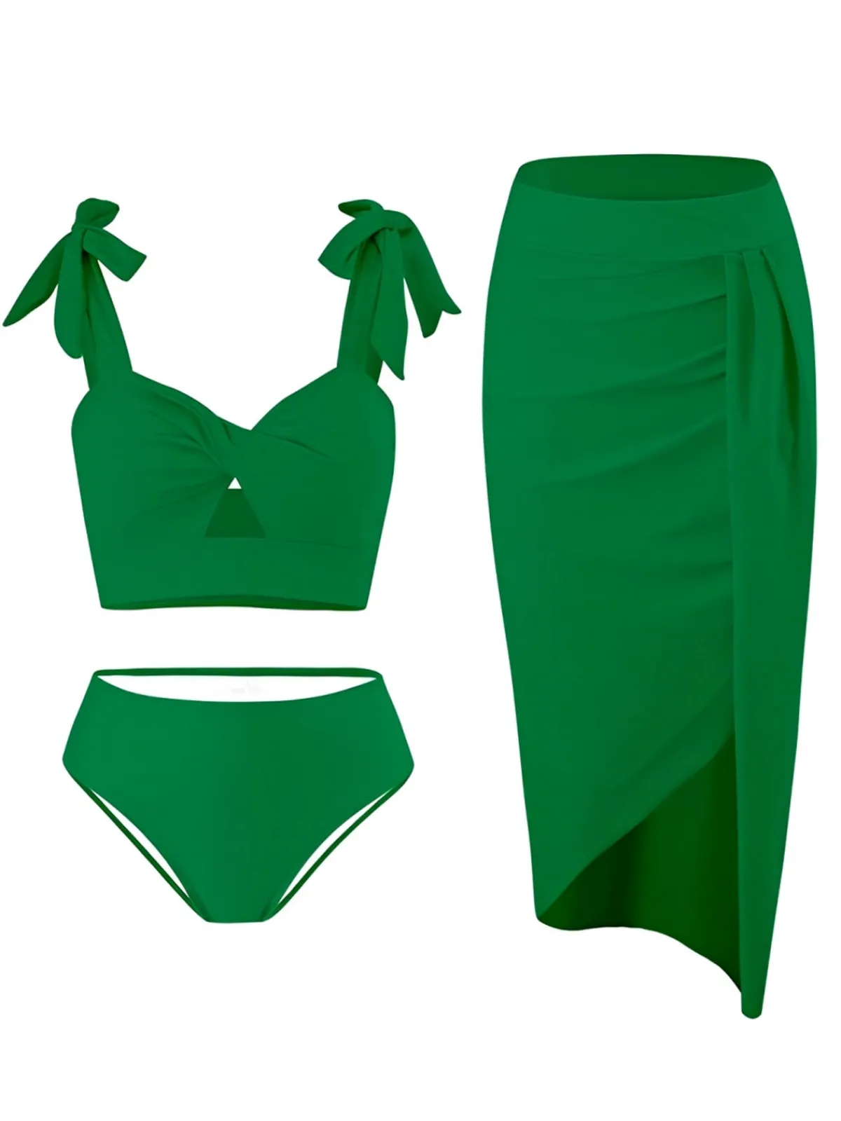 Best Retro Stage 1940s Solid Shoulder Tie Hollow Swimsuit & Cove-Up