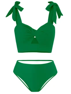 Best Retro Stage 1940s Solid Shoulder Tie Hollow Swimsuit & Cove-Up