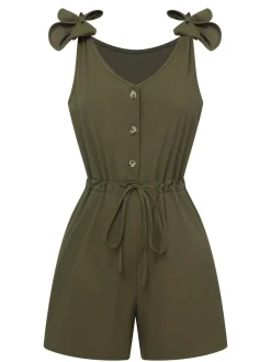 Best Retro Stage 1950s Solid Shoulder Tie Sleeveless Romper