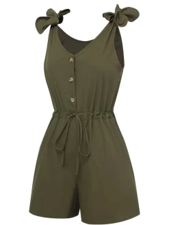 Best Retro Stage 1950s Solid Shoulder Tie Sleeveless Romper